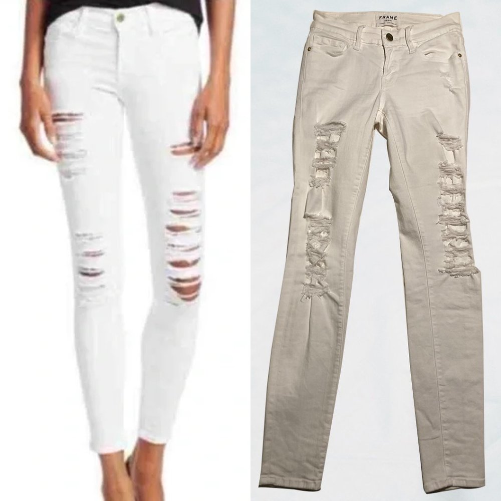 FRAME White Le Skinny de Jeanne Distressed Jeans